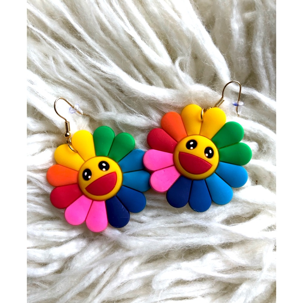 Colorful Smiley Rainbow Flower Kawaii Earrings